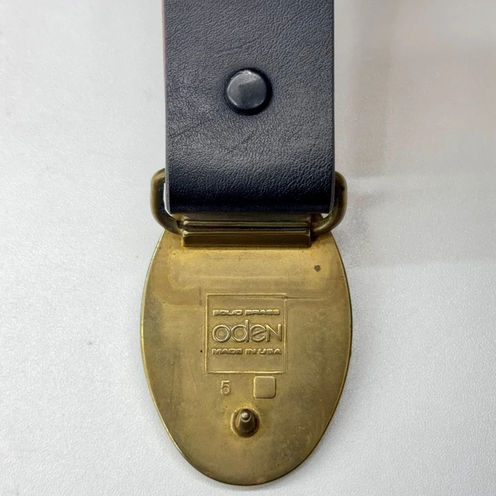 Vtg Oden Inc Solid Brass Elk Buckle Black Leather Belt Mens 36-40 Made in USA